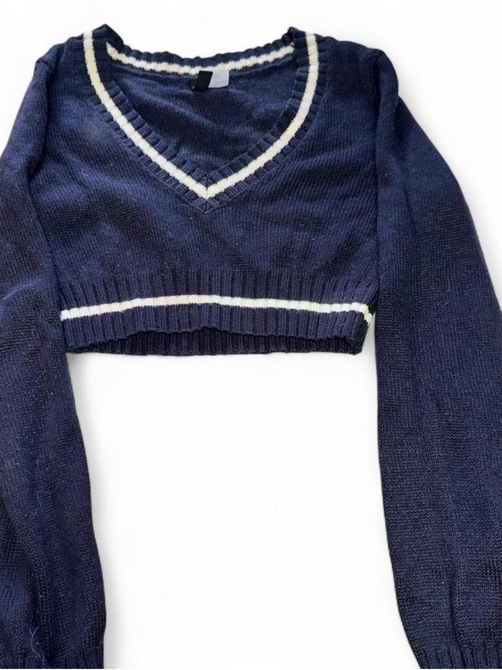 H&M Navy Cropped V-Neck Sweater with White Trim